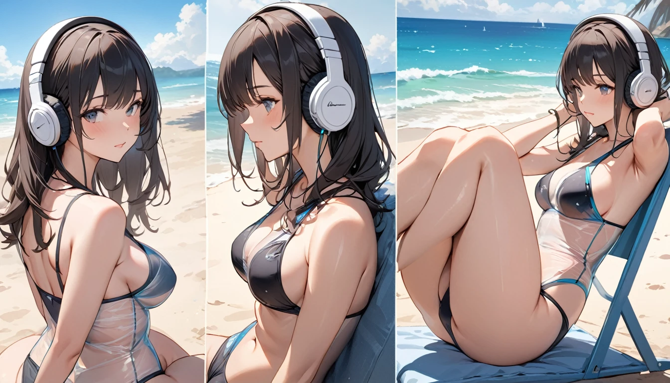 ((Top Quality)), ((Masterpiece)), ((Details)), perfect face, perfect body, sitting on the beach, listening to music, wearing headphones, wearing swimsuit, swimsuit transparent, tight with buttocks and breasts exposed Woman with clothes on and face visible
