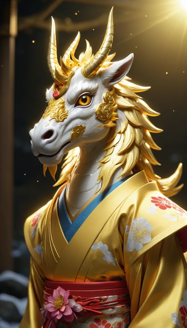 Golden Kirin, 8K resolution, Looking forward, Halo is shining, Shining, Only the upper body is visible, It has the head of a kirin and is wearing a kimono, 