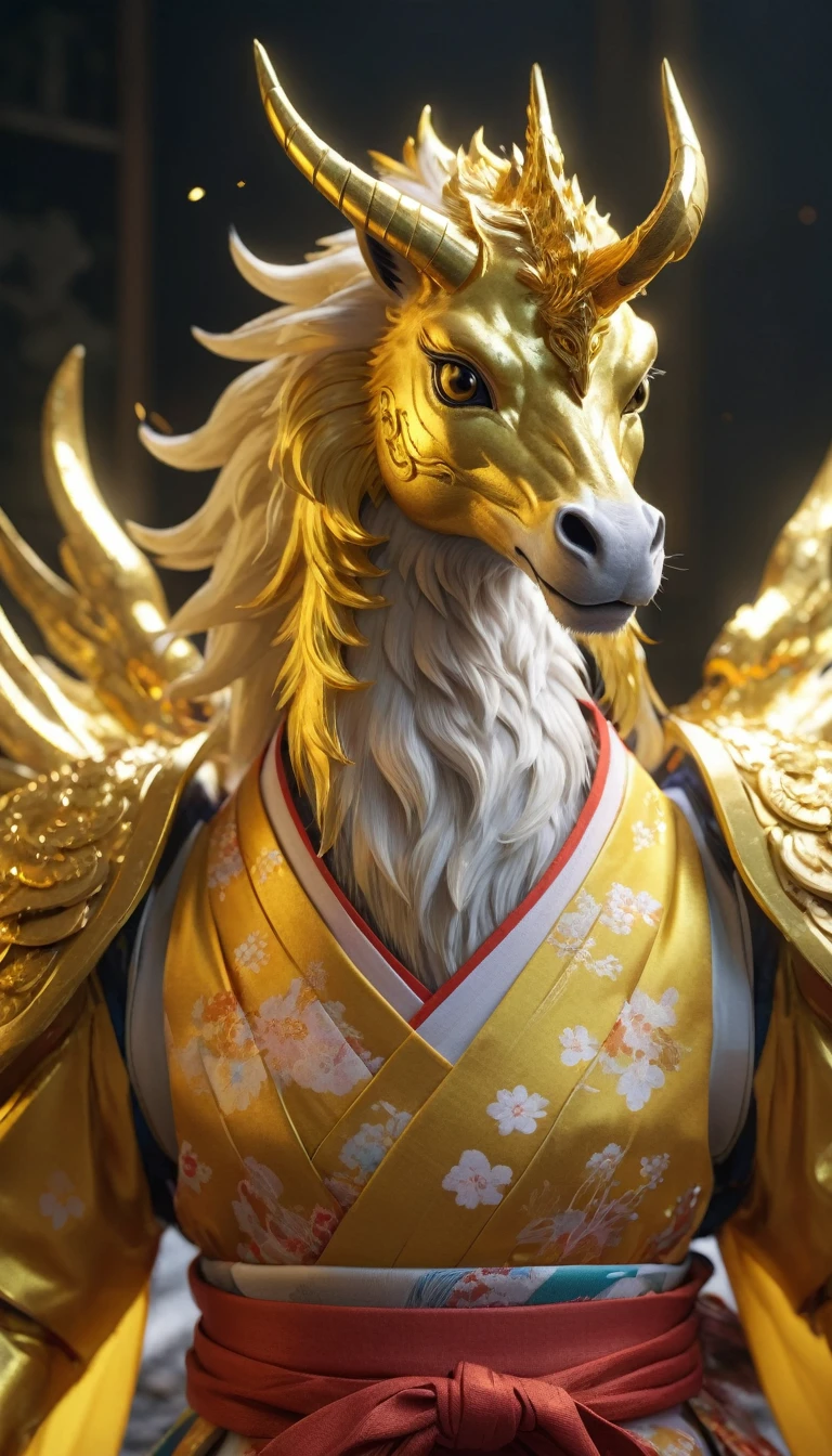 Golden Kirin, 8K resolution, Looking forward, Halo is shining, Shining, Only the upper body is visible, It has the head of a kirin and is wearing a kimono, 