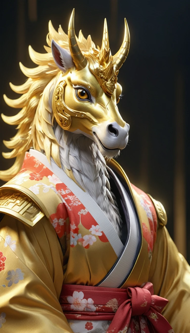 Golden Kirin, 8K resolution, Looking forward, Halo is shining, Shining, Only the upper body is visible, It has the head of a kirin and is wearing a kimono,