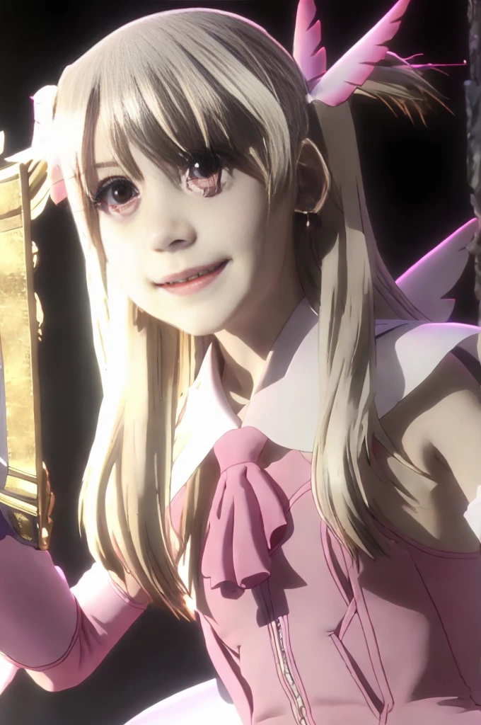 {{{masterpiece}}}, {{{Highest quality}}}, {{Super detailed}}, {figure}, {{Very delicate and beautiful}}, 8K, Browsing Caution, Illyasviel von Einzbern(destiny/カレイドライナーPrisma Illya), Illyasviel von Neinzbern, Illyasviel von Einzbern, Long Hair, Blonde, (Red eyes:1.3), (Parted bangs:1.5), smile, Breaking hair ornament, gloves, dress, jewelry, Earrings, Removable sleeves, Ascot, Magical girl, feather, pink dress, Feather hair ornament, プリズマ☆イリヤ