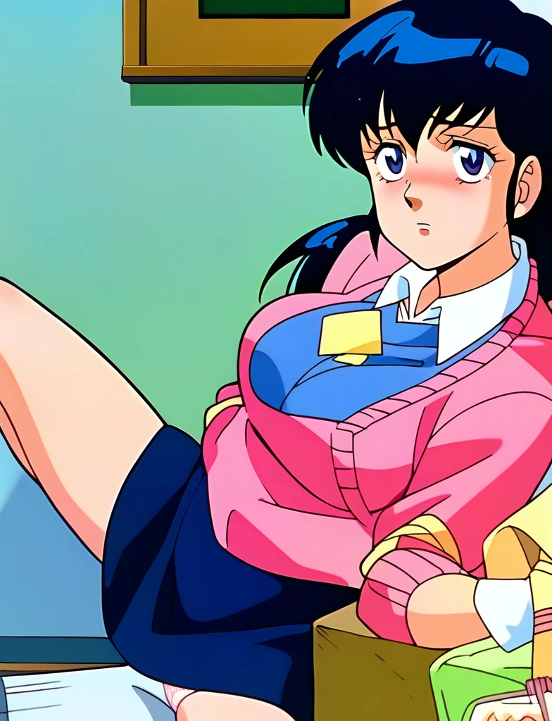 kyoko,score_9,score_8_upper,score_7_upper,sauce_anime,One girl,alone,View your viewers、hospital、Delivery Room、Sitting on the delivery table、Spread your legs、Pink Sweater,White collared shirt,length_skirt,blue skirt,Spread your legs,Lying down,Sad face,:d,arms_behind_return,See a doctor、See a doctor、Panties、