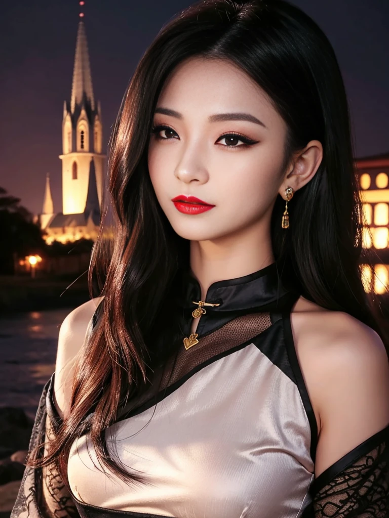 tra-detailed、Japanese、attractive beauty、seductive adult woman、pretty woman、piercing eyes、cool girl、wavy hair、swept bangs、Long Black and Gold Cheongsam、wide sleeves、Evil cadres、evil depravity、brainwash、mind control、lipstick、lip gloss、dark makeup、smirk、whisper in your ear、Evil expression、evil、hollow eyes,half-closed eyes、empty eyes、evil、church at night、vampire、succubus、vampire、Swear allegiance、sexy pose、Off-shoulder,Crop topping,Showing thighs