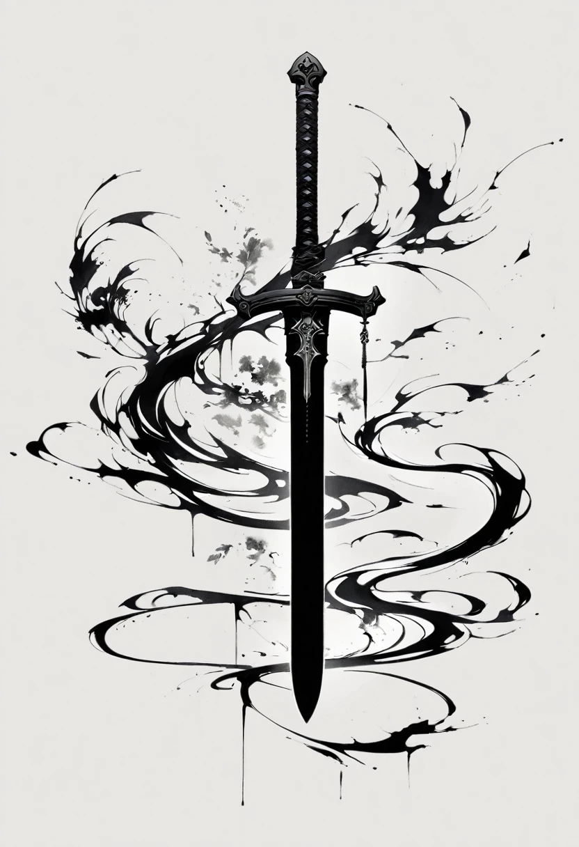Double tail,Sword,Gothic,Minimalism,Lineism,Lots of white space,Ink Painting,abstract,