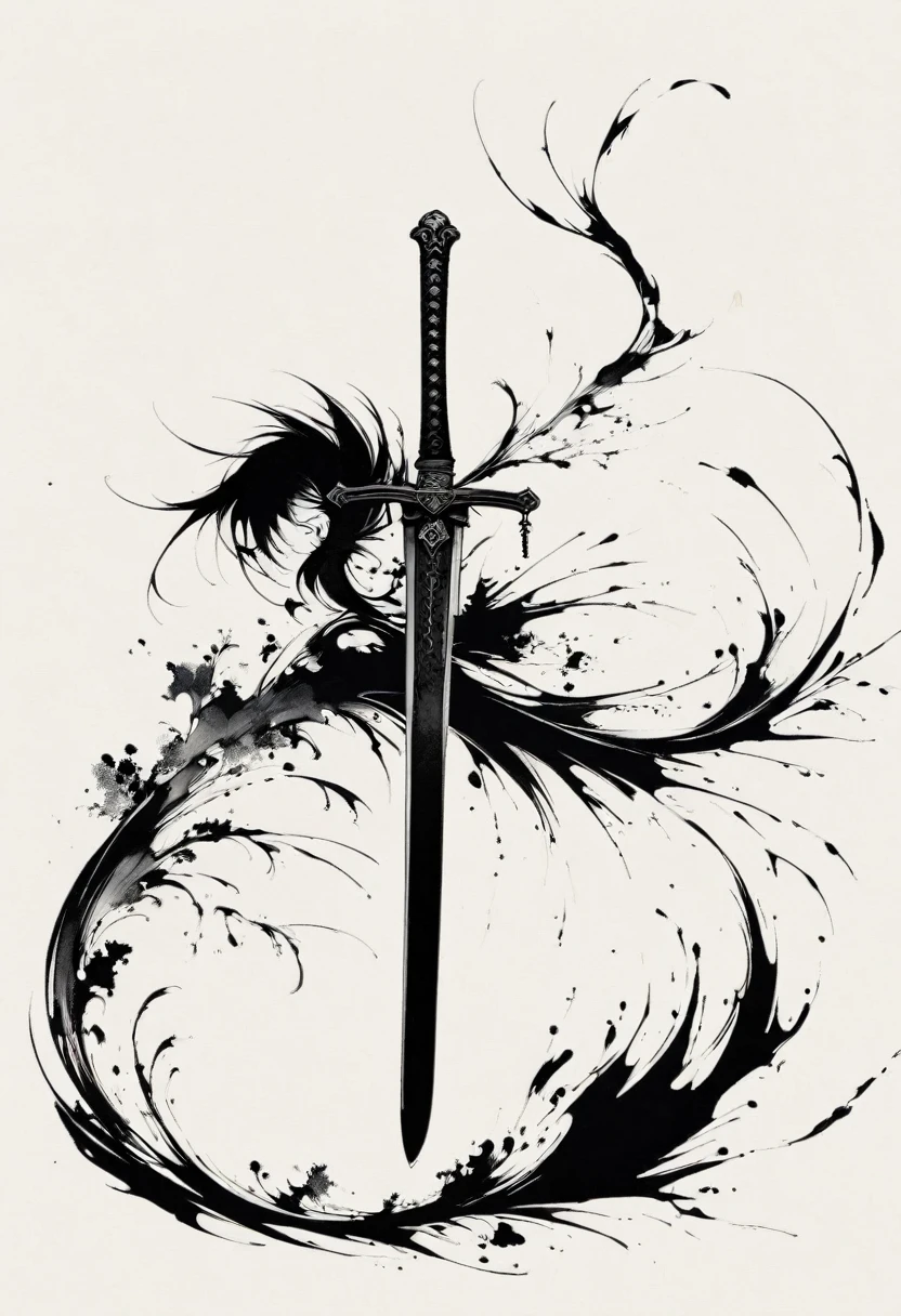 Double tail,Sword,Gothic,Minimalism,Lineism,Lots of white space,Ink Painting,abstract,
