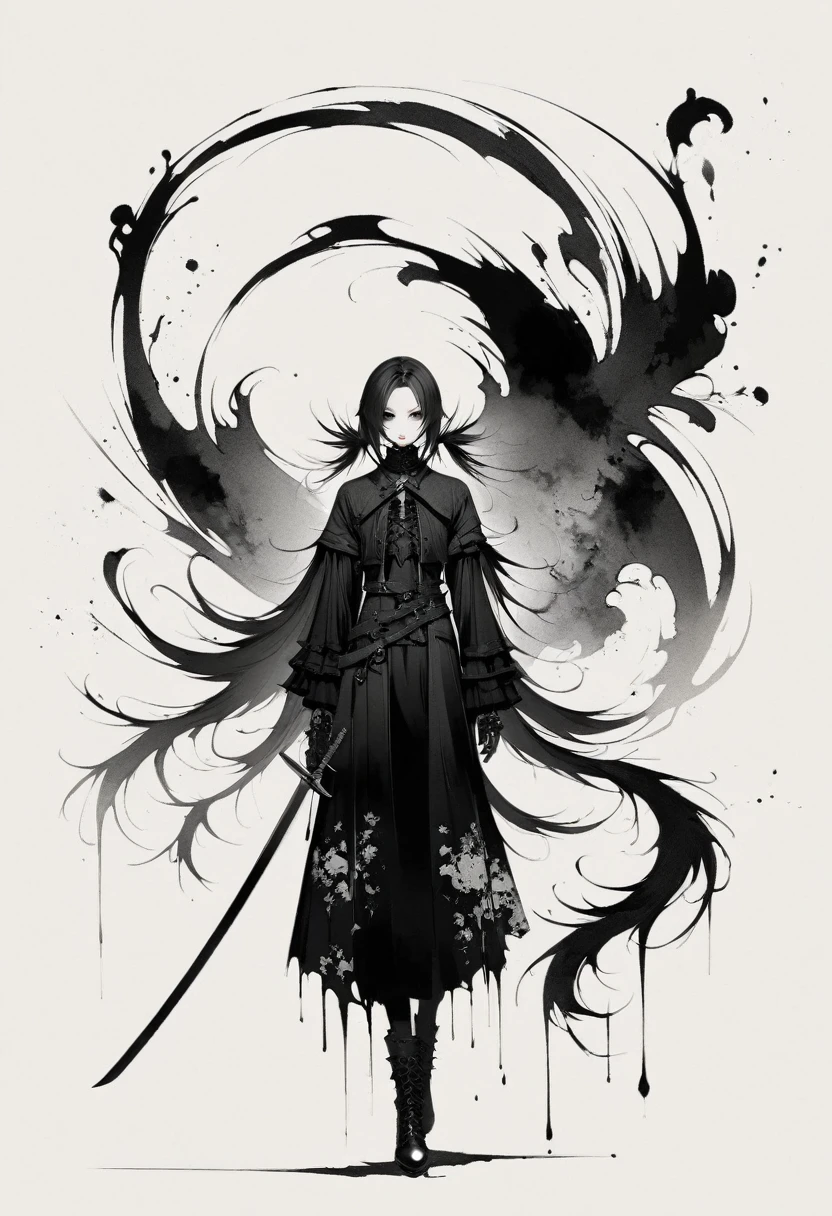 Double tail，Sword，Gothic，Minimalism，Lineism，Lots of white space，Ink Painting，abstract,