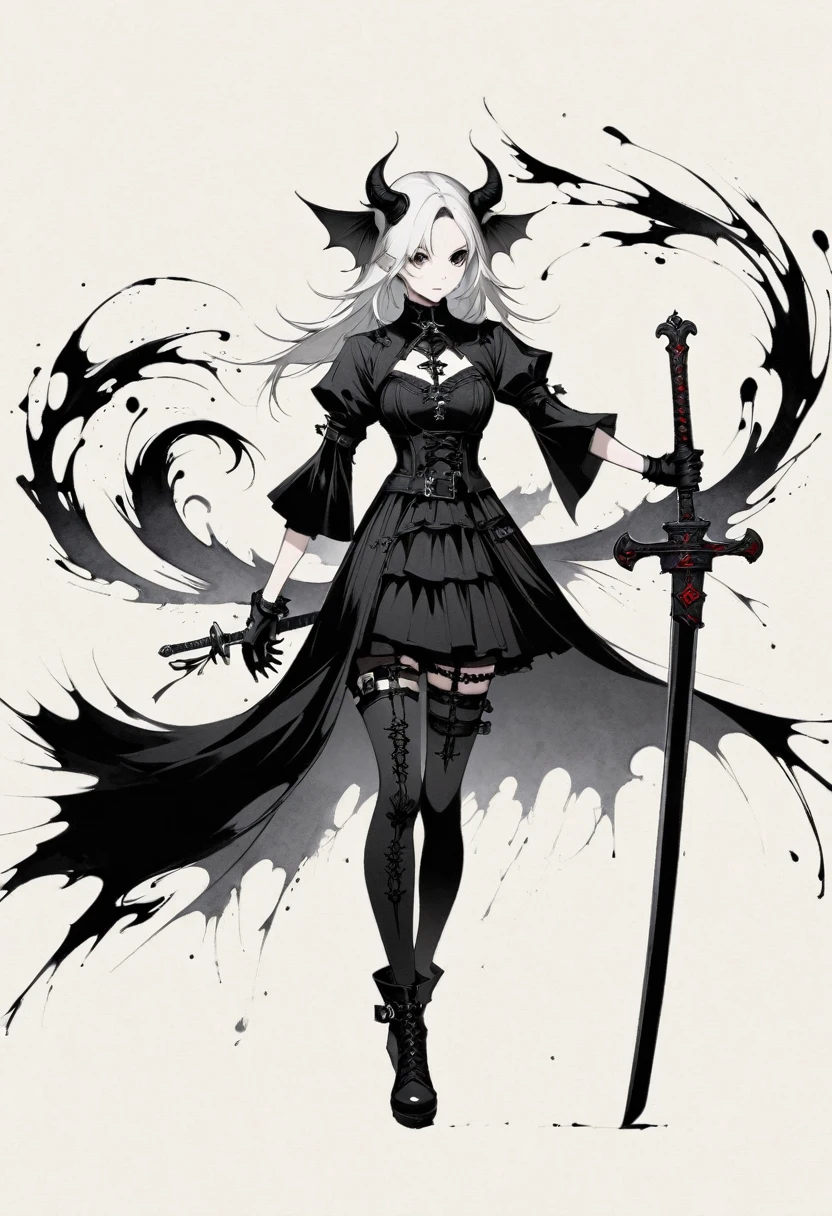 Double tail,Sword,Gothic,Minimalism,Lineism,Lots of white space,Ink Painting,abstract,