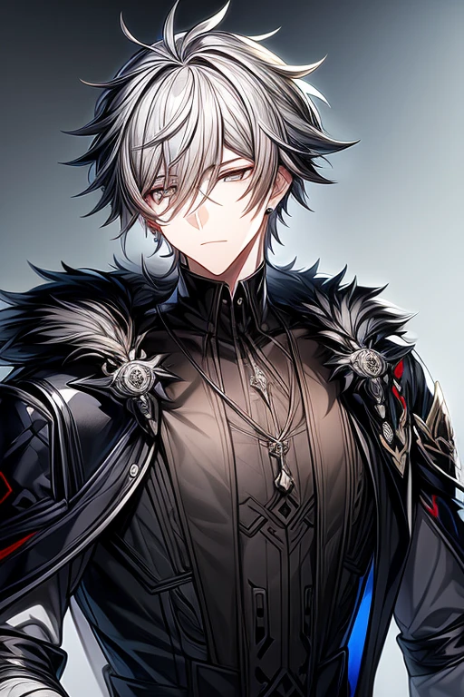 (masterpiece, best quality, perfect face, expressive eyes), 1boy, (anime), (male), black hair, grey gradient hair, grey eyes, black fur cloak, black noble attire, earrings, jewelry, pendant, black vest