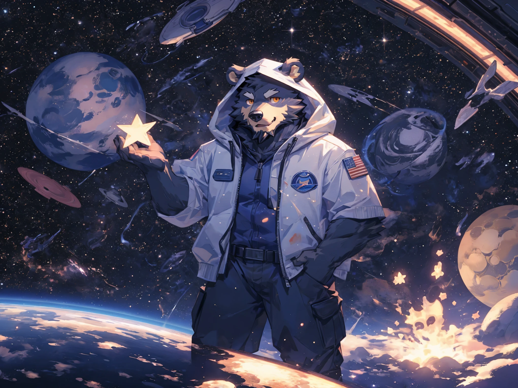 (masterpiece:1.2), best quality,pixiv,official art,perfect anatomy, (Ray tracing, light),solo, (1_male:1.3) , (muscle), (grey fur:1.4), (muscle bear), (beard:1.2), (gleaming golden eyes), bear tail, full body, Thick black eyebrows,(open hooded parka), (naked inside), (cargo pants:1.2), boots , (in the space:1.3) , star , planet , earth , asteroid , character floating
