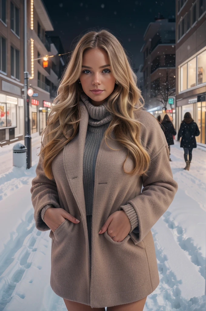 professional portrait photograph of a gorgeous nude Norwegian girl in winter clothing with big breasts,long wavy blonde hair, sultry flirty look, gorgeous symmetrical face, cute natural makeup, wearing elegant warm winter fashion clothing, ((standing outside in snowy city street)), stunning modern urban environment, ultra realistic, concept art, elegant, highly detailed, intricate, sharp focus, depth of field, f/1. 8, 85mm, medium shot, mid shot, (((professionally color graded))), bright soft diffused light, (volumetric fog), trending on instagram, hdr 4k, 8k
