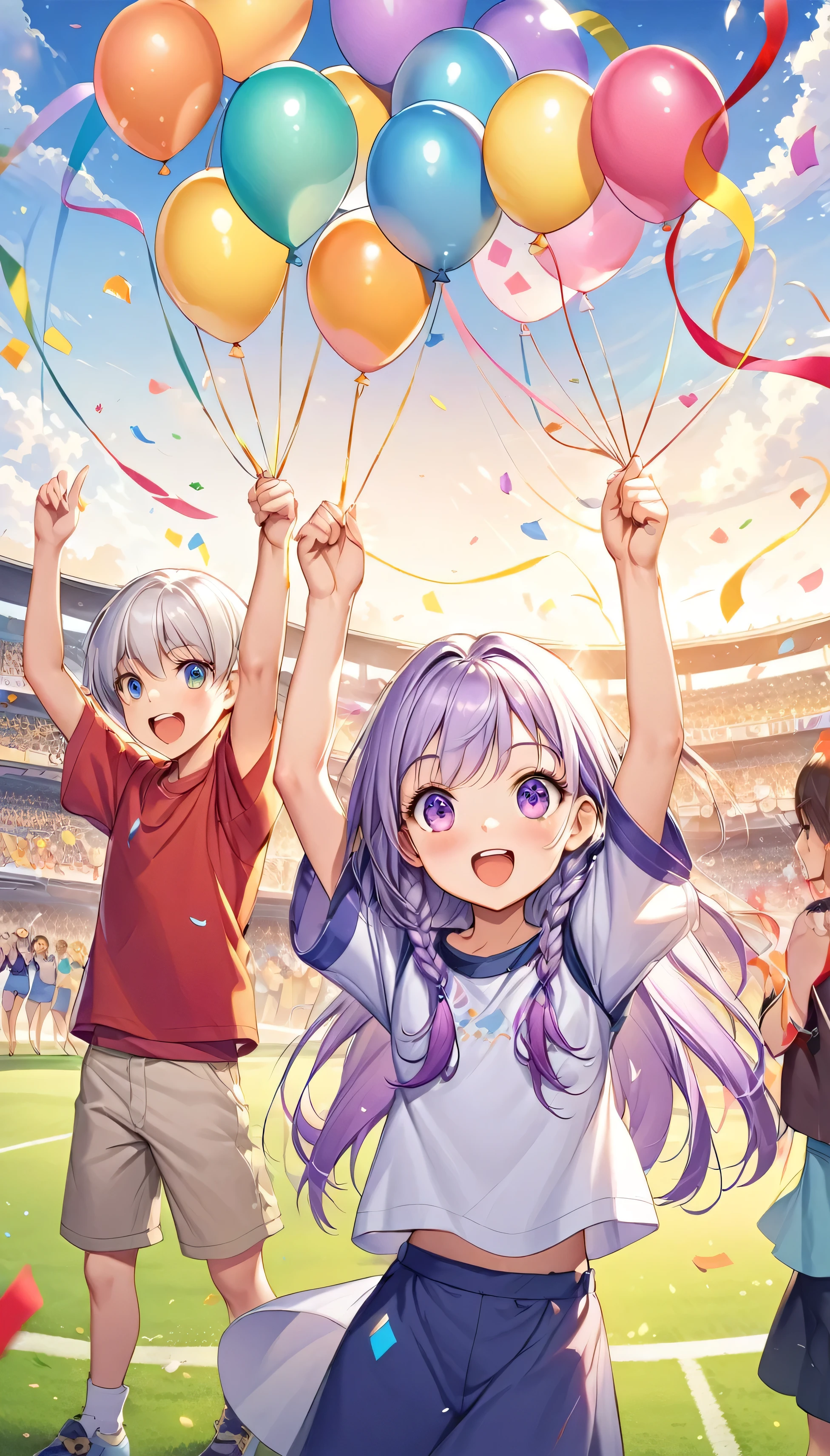 (Children's Day illustration), Two kids in casual sportswear cheering with hands raised on football field,  yinji, Purple Hair, Purple Eyes, Long hair, White hair, Double braid, Gradient hair, Bright and warm, There are streamers and balloons everywhere., Crowd cheering. Characters make up only a small part of the picture.