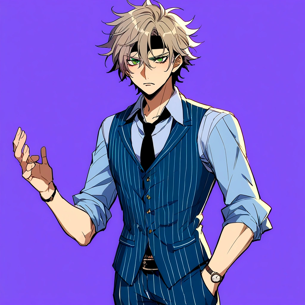 A 19 year old boy, To stay (black clover), spiky hair, messy hair, hair between eyes, green eyes, black headband, thin arms, upset expression, Un chaleco blue suit with fine stripes, Una camisa de vestir azul claro con las mangas remangadas hTo stay los codos, Pants matching the vest, blue suit with fine stripes, He wears a watch on his left wrist, You can see many tattoos on the forearms, elegant and casual clothing, epic hike, blood on more hands, alone, purple background