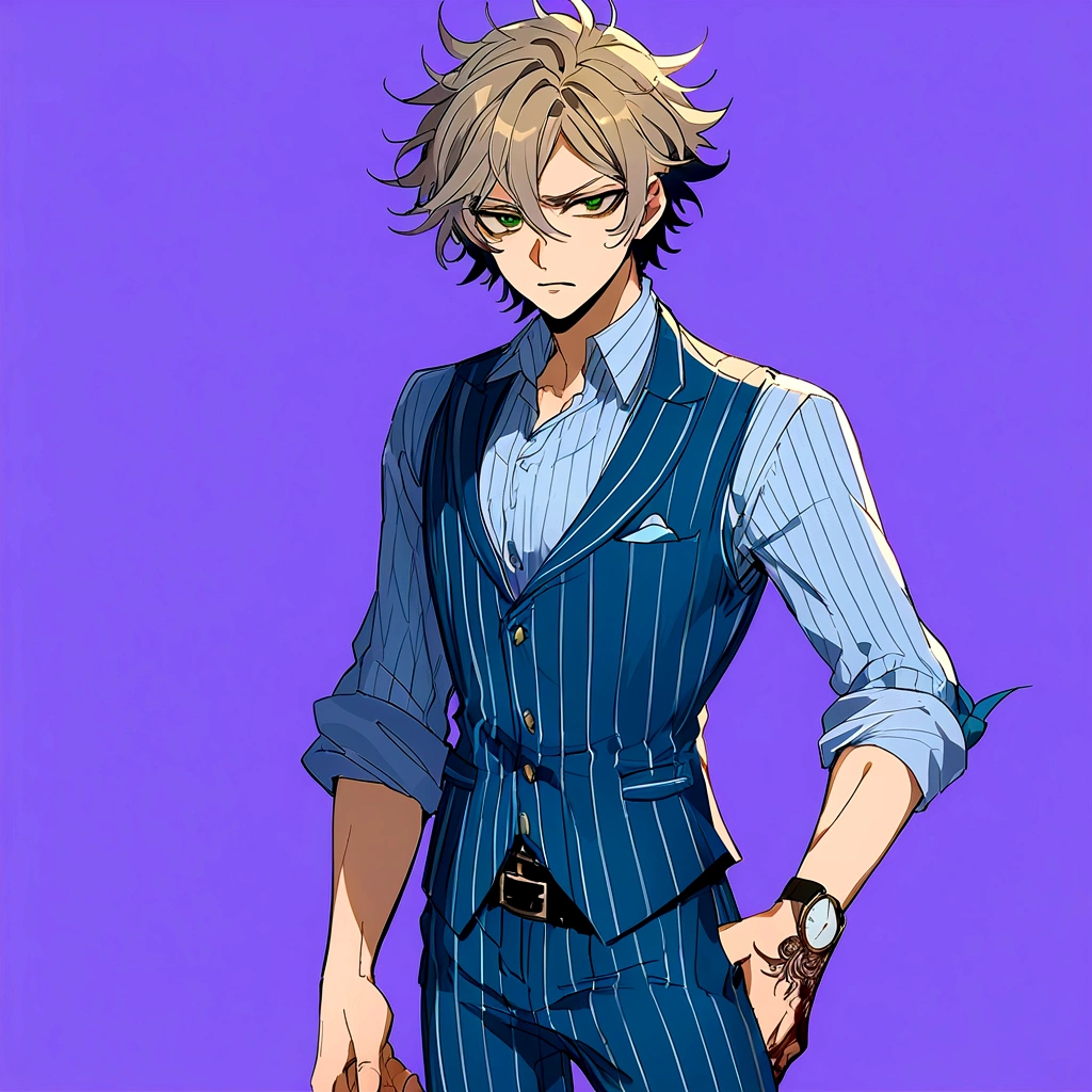 A 19 year old boy, To stay (black clover), spiky hair, messy hair, hair between eyes, green eyes, black headband,  thin arms, upset expression, Un chaleco blue suit with fine stripes, Una camisa de vestir azul claro con las mangas remangadas hTo stay los codos, Pants matching the vest, blue suit with fine stripes, He wears a watch on his left wrist, You can see many tattoos on the forearms, elegant and casual clothing, epic hike, blood on more hands, alone, purple background