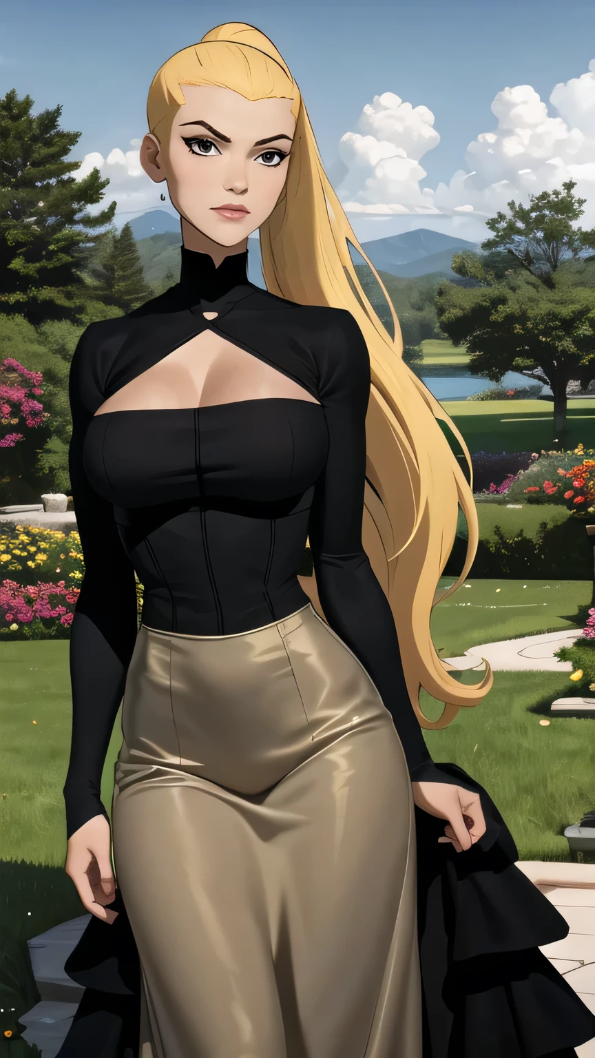 (cowboy shot), (masterpiece, best_quality, ultra-detailed, immaculate:1.3), epic, illustration,
BREAK
ArtemisYJ, ponytail,super long hair,
(Black sweater dress ),,cleavage medium breast 
BREAK
(courtyard, garden, outdoors, gorgeous view)