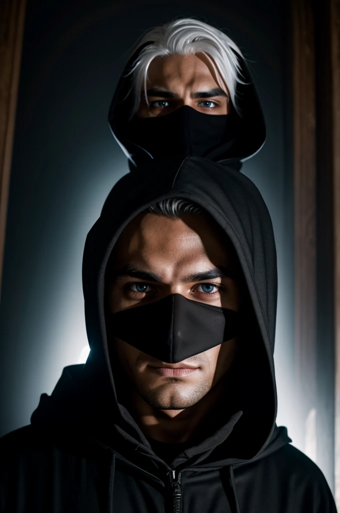 A hooded man boy in the dark with white hair and a black mask and red eyes shining and glowing