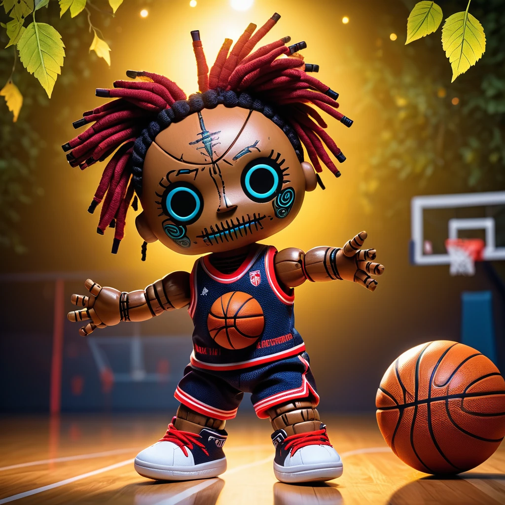 (knitted toy voodoo doll:1.7), (Voodoo Playing Basketball:1.3), (Clothing: sporty outfit with basketball patterns:1.0), (Accessories: enchanted basketball, glowing sneakers, mystical hoop:1.2), (background: sunny basketball court with floating, glowing leaves and magical light:1.2), best quality, masterpiece, detailed soft oil painting, detailed background, dramatic cinematic lighting, soft edge lighting, professional, dramatic lighting, hard edge lighting, ultra quality, 4k,masterpiece, best quality, 8k, ultra highres, highres, extremely detailed