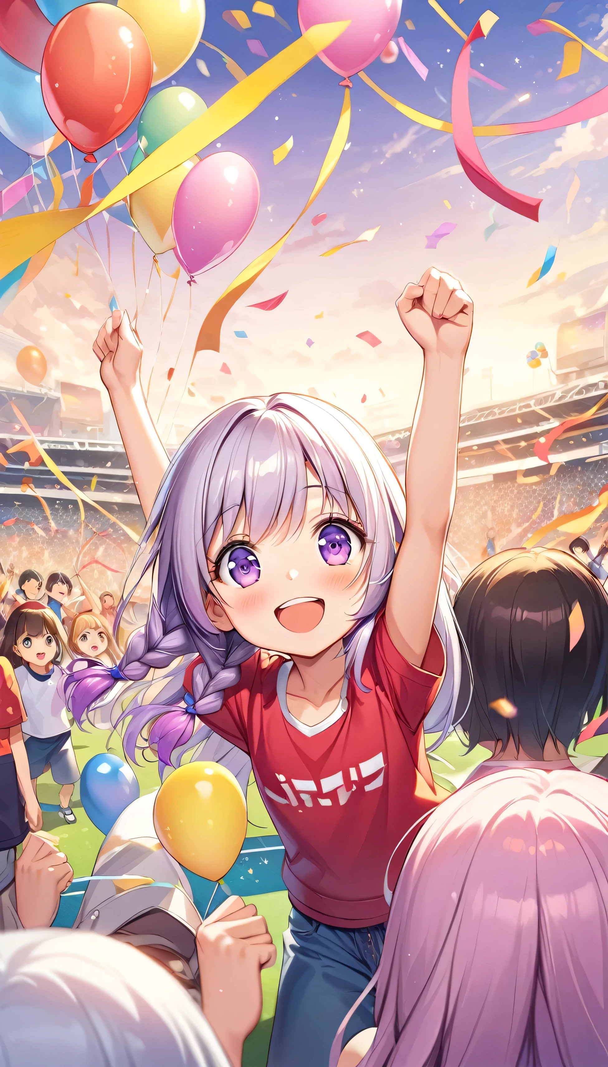 (Children's Day illustration), Two kids in casual sportswear cheering with hands raised on football field,  yinji, Purple Hair, Purple Eyes, Long hair, White hair, Double braid, Gradient hair, Bright and warm, There are streamers and balloons everywhere., Crowd cheering. Characters make up only a small part of the picture.