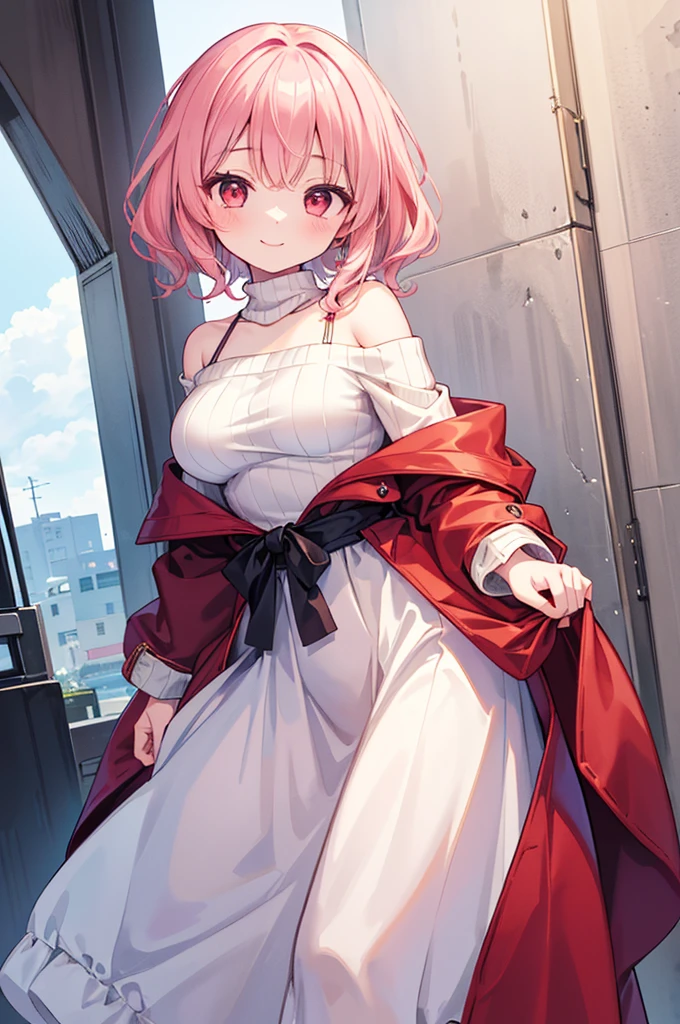 ((Masterpiece)),((high resolution)),((Best Quality)),Anime illustration,(((1girl))),(wavy hair),(short hair),(pale pink hair color),small ponytail,Red eyes,(Big round eyes),((tareme)),,((loli face)),ry big breasts)),Short stature,,Off-the-shoulder sweater,(long maxi skirt),smile,Ladylike,