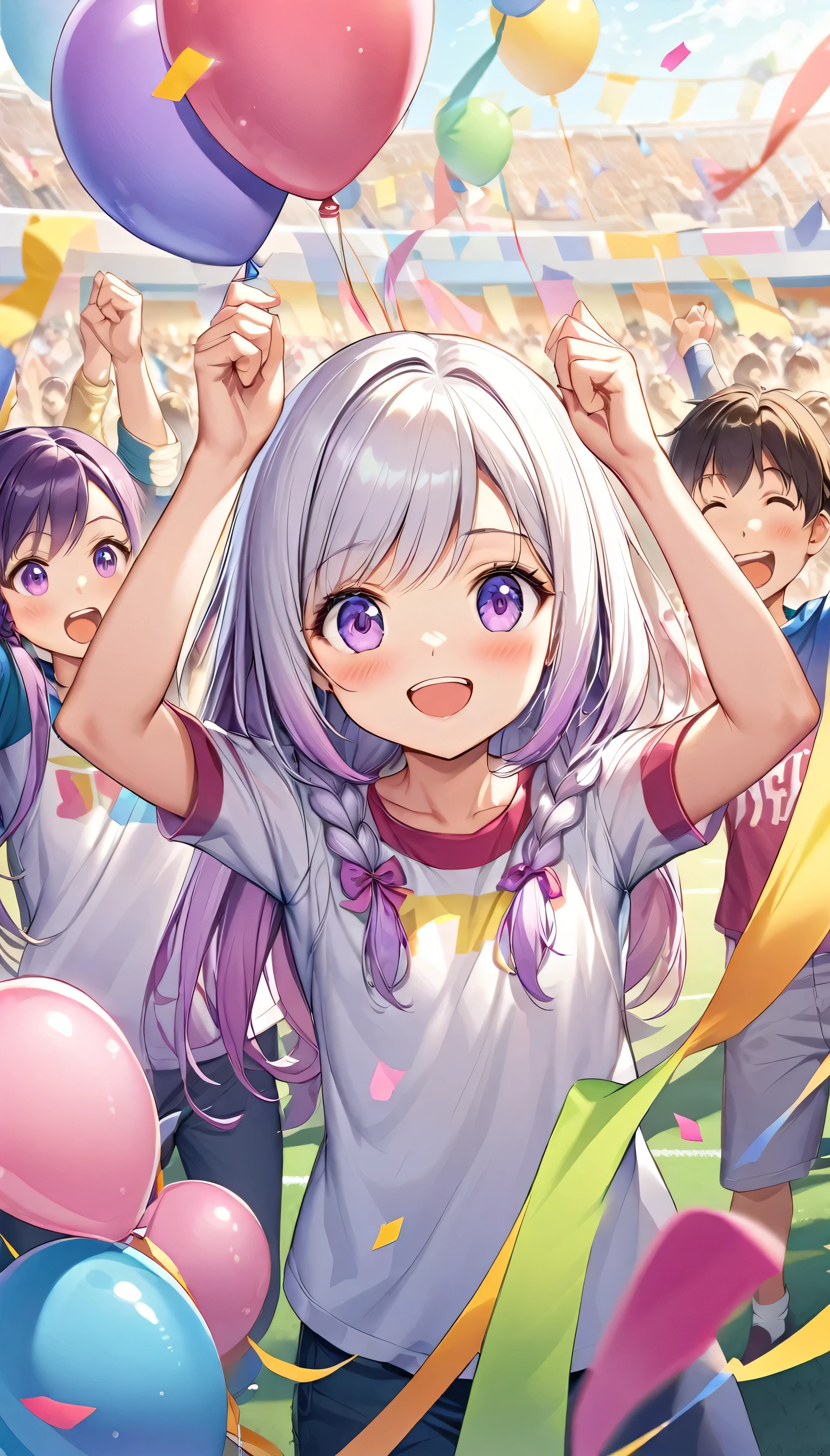 (Children's Day illustration), Two kids in casual sportswear cheering with hands raised on football field, yinji, Purple Hair, Purple Eyes, Long hair, White hair, Double braid, Gradient hair, Bright and warm, There are streamers and balloons everywhere., Crowd cheering. Characters make up only a small part of the picture.