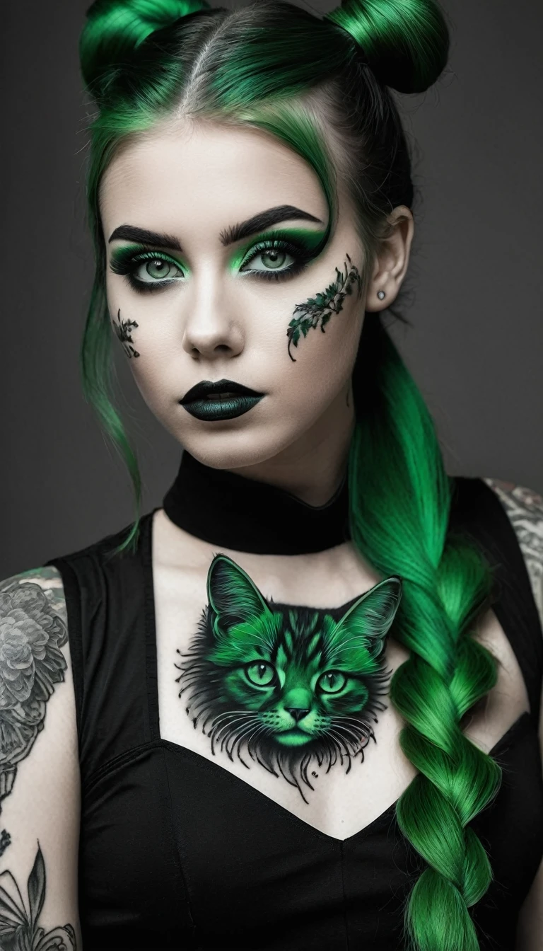 ((Monochrome, monochromeXL:1.4), Photo noire et vert), Sublime femme 30ans avec deux très longues queues de cheval de chaque côté, double queues de cheval, double twin ponytails, twin tails,(sur le bras un sublime tatouage représente un animal à deux queues), Lèvres détaillées, Yeux détaillés, regard intense, cils détaillés, visage détaillé, long cheveux vert foncé, visage de séduction, ((maquillage vert)), ((((sur le bras un tatouage fin représentant un animal avec deux queues )))), photo du milieu du corps, ((porte un costume)),(( photo noir et blanc et vert, only black and white and green photo)), (((photo noir et blanc et vert, only black and white and dark green photo, le maquillage et les cheveux, b/w, B&W,long twin ponytails)))