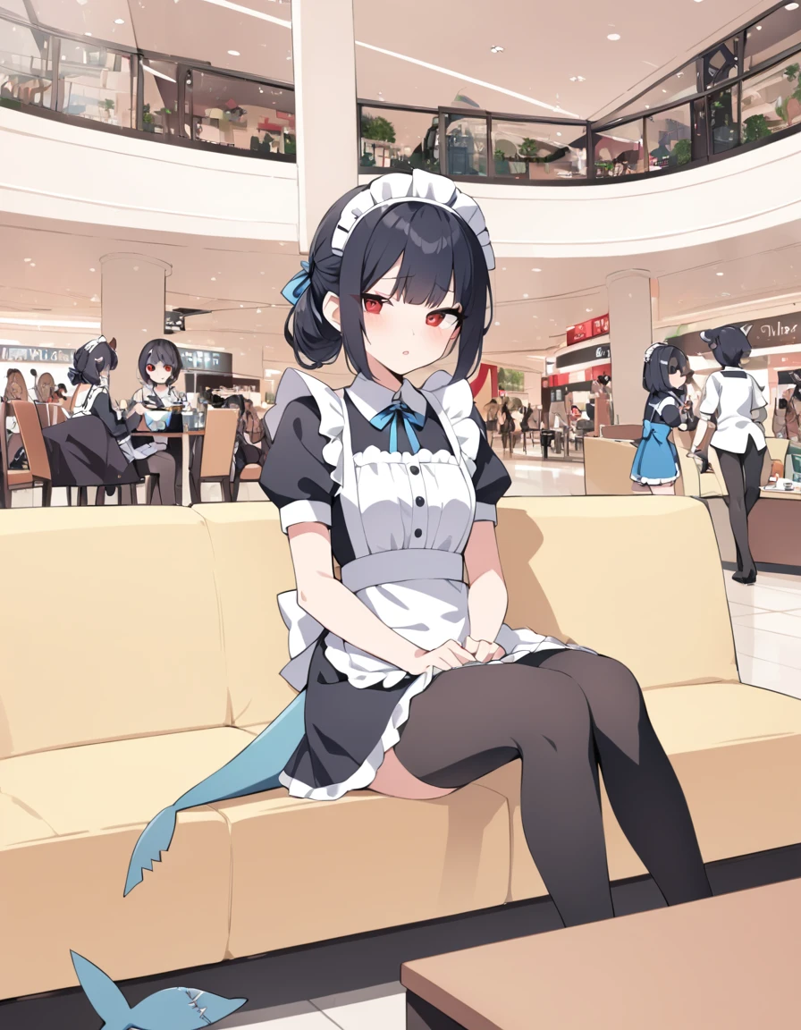 a red-eyed woman with short black hair, wearing a maid uniform, black stockings, shark tail，Sitting on the sofa in the mall