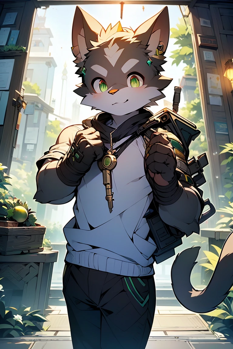 (Cat Orc),(Gray fur),(Golden Eyes),(Shota),(male),(arms:In the right hand is a huge gear-shaped key.),(The key is inlaid with an emerald gem that glows green.),Topless,Abdominal muscles,(Crows fly),(casual pants),(earrings),rivet,Ambient Light,Side Light,