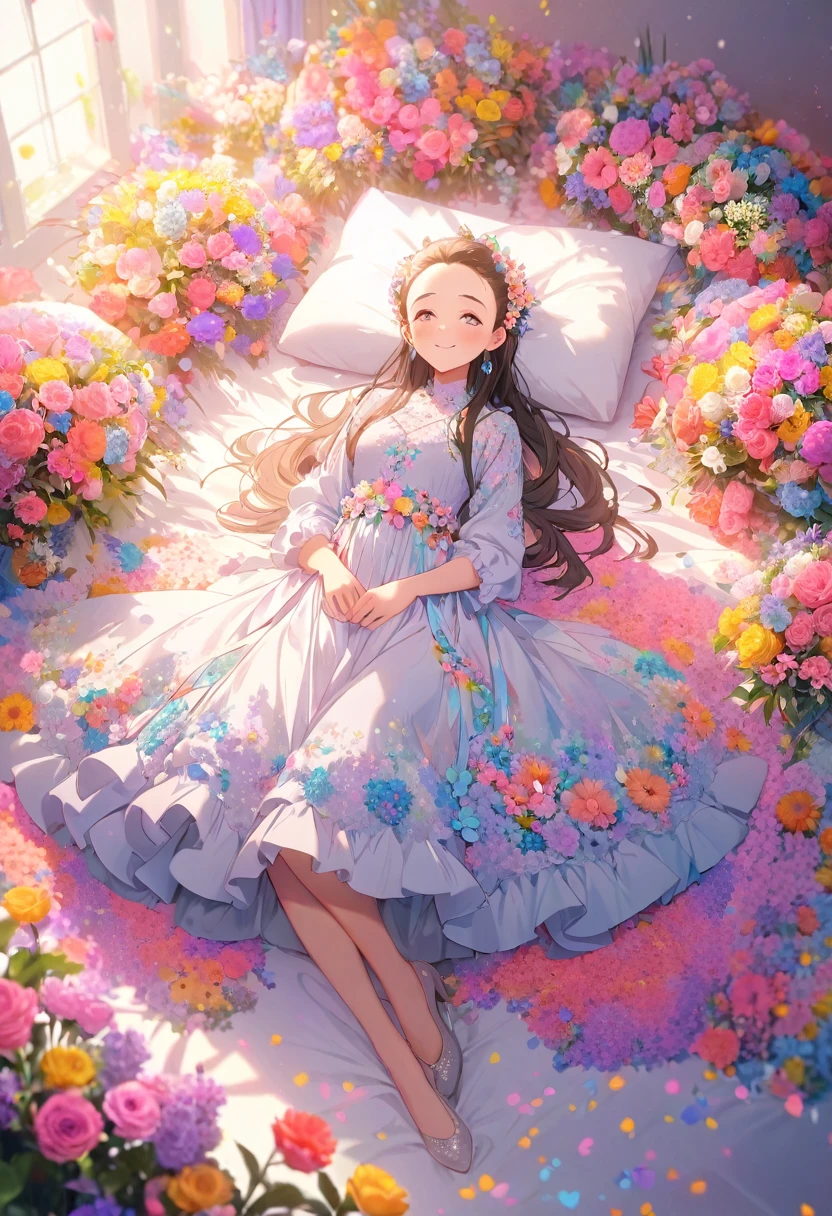 (((Super Masterpiece, Super High Definition, 16K, Very Delicate and Beautiful))))), (((Masterpiece, Highest Quality, 8K, Clear and Detailed, Very Clean and Clear))), Very Beautiful, Bed (flowers all around the girl), dress (luxurious dress, beautiful embroidery, beautiful dress, cute dress), , round, 8 years old), small breasts, super long hair (braids) , bangs, beautiful yellow), (baby face: 1.2), short legs, dazed, mouth slightly open, on back, from above, ), girl lying separately with her hands on her chest.