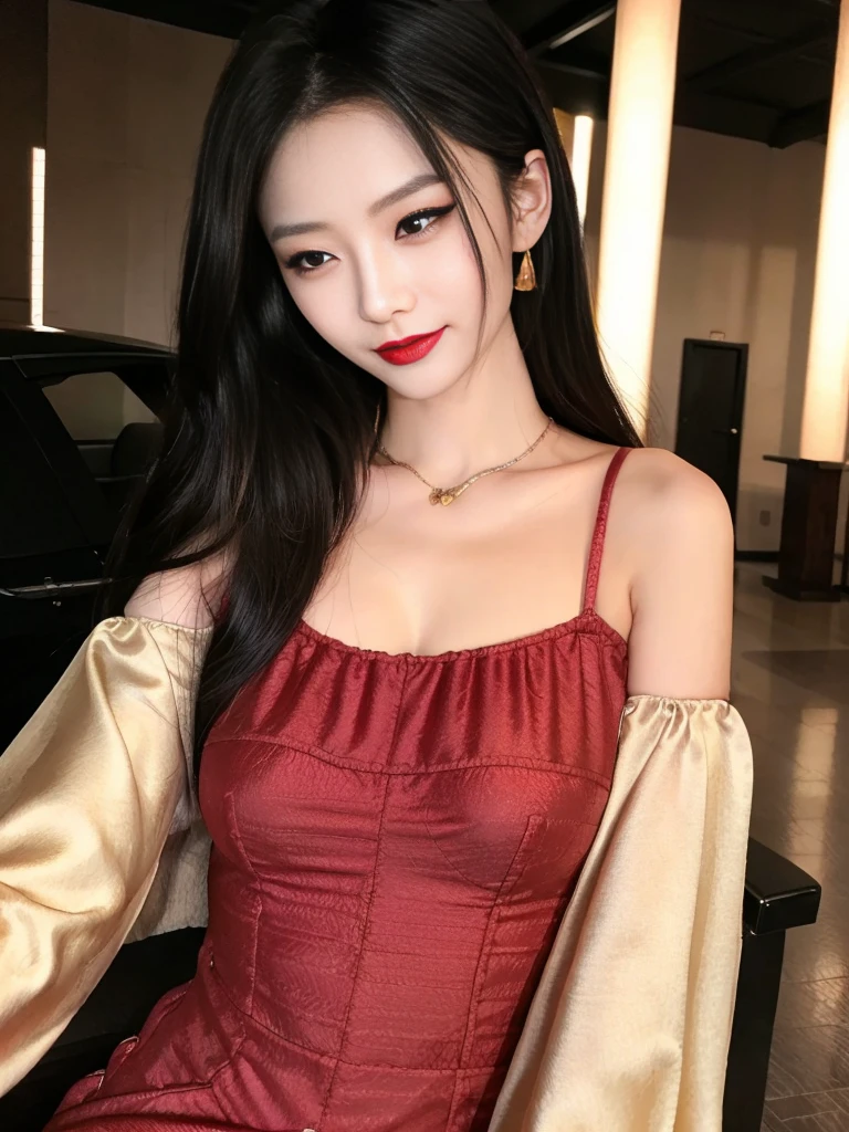 tra-detailed、Japanese、attractive beauty、seductive adult woman、pretty woman、piercing eyes、cool girl、wavy hair、swept bangs、Long Black and Gold Cheongsam、wide sleeves、Evil cadres、evil depravity、brainwash、mind control、lipstick、lip gloss、dark makeup、smirk、whisper in your ear、Evil expression、evil、hollow eyes,half-closed eyes、empty eyes、evil、church at night、vampire、succubus、vampire、Swear allegiance、sexy pose、Off-shoulder,Crop topping,Showing thighs