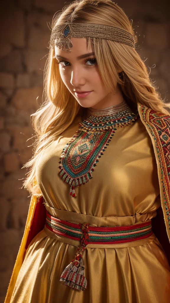beautifull hot german blonde, robe kabyle, berber, amazigh dress, kabyledress, tizi ouzou, berber outfit, kabylegirl, bijoux, univercity background, realistic, 4k