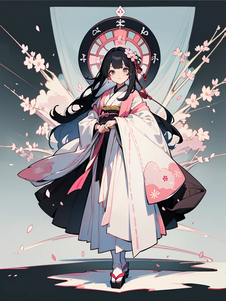 best quality, character design sheet, Character Sheet、adult woman、No hat on, Black and pink hair, whole body, Head to Toe, Fortuneteller、Standing facing forward, Beautiful black dress, long Black Hair, whole body, Pure white background, from front, best quality, Standing pose、Cherry blossom pattern、adult、Japanese、Clear eyes、Adult Japanese、Clear eyes、Standing facing forward、The face is facing forward