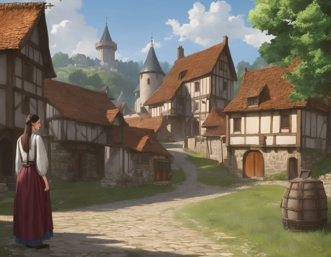 Medieval village, village houses in foreground, manor in background, villager in foreground, young woman, huge breasts, simple clothes