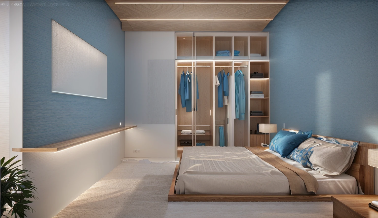 Design the master bedroom's interior space in [contemporary, luxurious style], using wood, white ceiling lights, using indoor lighting combined with [[blue areas with outdoor environmental lighting]. ]], [render vray 3ds max]