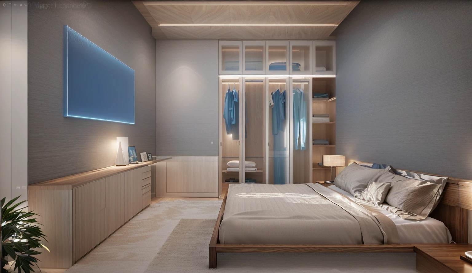 Design the master bedroom's interior space in [contemporary, luxurious style], using wood, white ceiling lights, using indoor lighting combined with [[blue areas with outdoor environmental lighting]. ]], [render vray 3ds max]