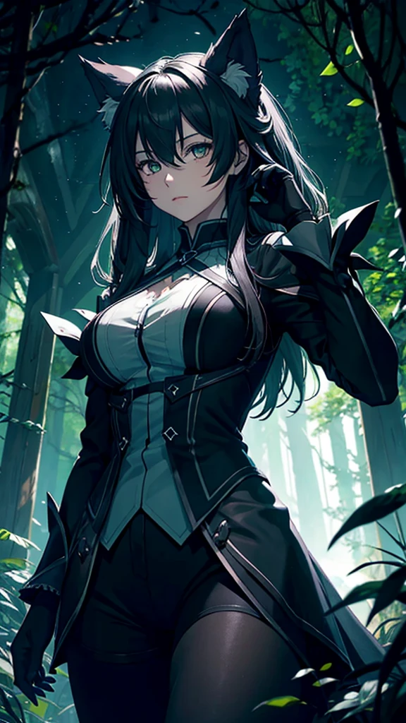 Darkness, one wolf, florest green,