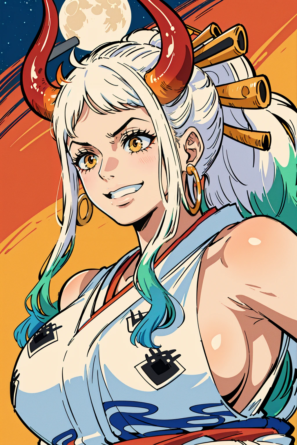 ultra realistic 8k cg, masterpiece, ((ultra detailed background, delicate pattern, intricate detail)), (highly detailed, fine details), best quality, (photorealistic:1.4),beautiful lighting, absurdres, RAW photo, film grain, ((Big breasts, Masculine girl)), Yamato, long hair, 1girl, horns, white hair, solo, oni, red horns, curled horns, hair ornament, (multicolored horns), jewelry, earrings, japanese clothes, kimono, hair stick, sleeveless, bare shoulders, aqua hair, sidelocks, hoop earrings, hakama, smile, wide smile, ((orange eyes, Masculine girl, Big breasts)), (complex detailed background, barren land, moon, portrait, close-up)