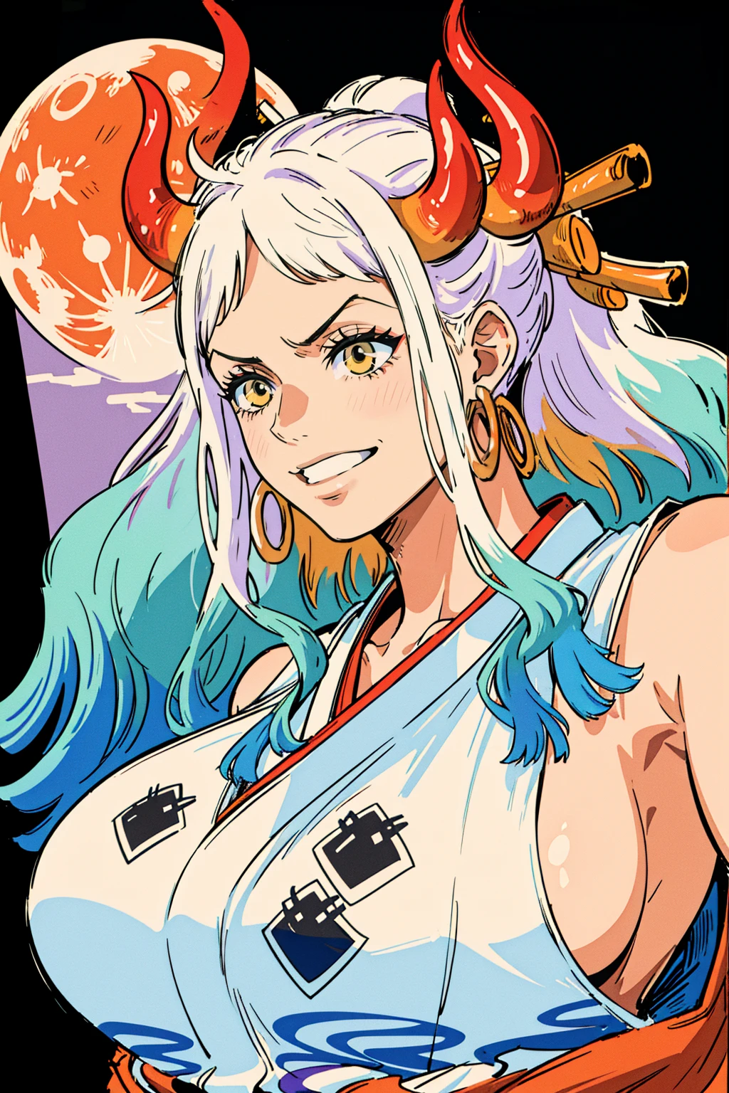 ultra realistic 8k cg, masterpiece, ((ultra detailed background, delicate pattern, intricate detail)), (highly detailed, fine details), best quality, (photorealistic:1.4),beautiful lighting, absurdres, RAW photo, film grain, ((Big breasts, Masculine girl)), Yamato, long hair, 1girl, horns, white hair, solo, oni, red horns, curled horns, hair ornament, (multicolored horns), jewelry, earrings, japanese clothes, kimono, hair stick, sleeveless, bare shoulders, aqua hair, sidelocks, hoop earrings, hakama, smile, wide smile, ((orange eyes, Masculine girl, Big breasts)), (complex detailed background, barren land, moon, portrait, close-up)