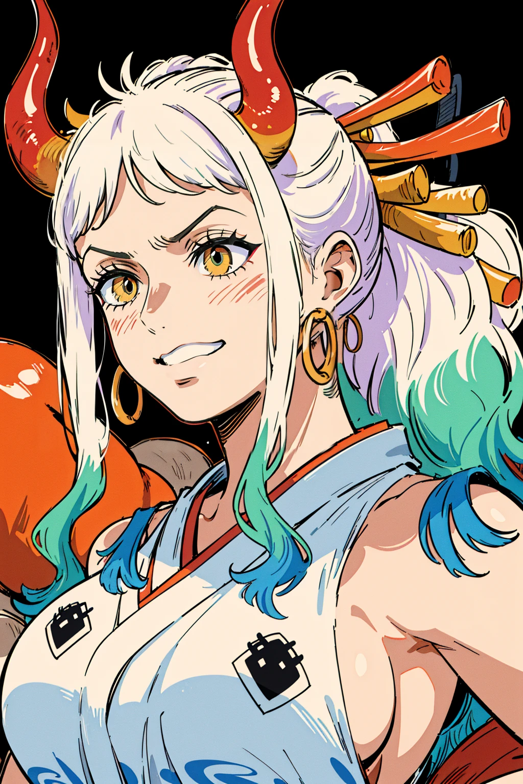 ultra realistic 8k cg, masterpiece, ((ultra detailed background, delicate pattern, intricate detail)), (highly detailed, fine details), best quality, (photorealistic:1.4),beautiful lighting, absurdres, RAW photo, film grain, ((Big breasts, Masculine girl)), Yamato, long hair, 1girl, horns, white hair, solo, oni, red horns, curled horns, hair ornament, (multicolored horns), jewelry, earrings, japanese clothes, kimono, hair stick, sleeveless, bare shoulders, aqua hair, sidelocks, hoop earrings, hakama, smile, wide smile, ((orange eyes, Masculine girl, Big breasts)), (complex detailed background, barren land, moon, portrait, close-up)