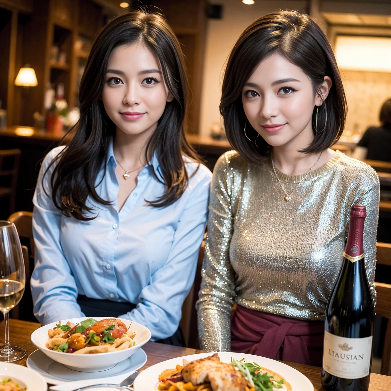 ((Highest quality、8K、masterpiece:1.3))、slimカップル、ピンクmodelカップル、(Realistic, Intricate details:1.2), full-course dinner、Wine Party、Amazing view of the sunset sky and clouds、A bright smile、The wonderfulness of smile、Bright image、The beauty of wine, Beautiful Face, blue eyes, The light shines on your face, Blushing, short hair,Bright Face、 (Age 37), 39 years old, red wine 、Appetizers、Italian food、Wine bottle、Champagne、sparkling wine、Two beauties、Brown Hair、Shortcuts、Long sleeve shirt、dress、Beautiful woman 1, (slimな顔), (The body is slim), (Brown Hair), (Shortcuts), cheeks turn a little red,Attractive beauty、restaurant, In a prominent place (From the waist up) Nova Frog Style, actress, model, Upper Body, White wine, slim, wine glass, 中央に置かれたwine glass, smile, (smile: 1.15), Beautiful fine grain, Depth f/2,saturation, High Contrast, Strong light and shadow,Moist Body:1.5、3D texture、Delicate eyes、Brown Hair、The hair is very shiny、