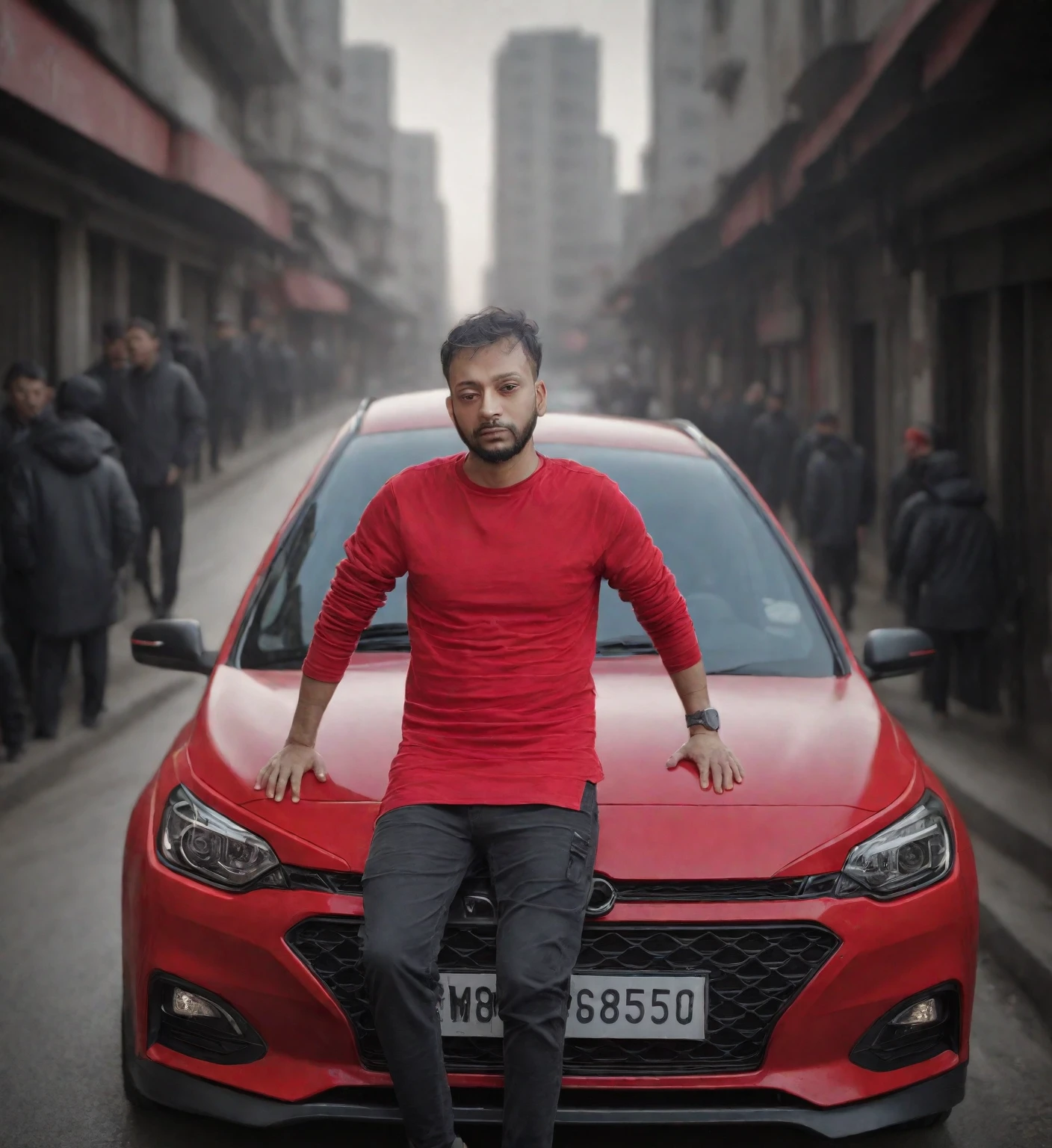 arafed man standing on the hood of a red car, taken with sony alpha 9, candid picture, shot on nikon z9, auto photography, very accurate photo, shot on canon eos r5, shot on canon eos r 5, very very low quality picture, standing in road, very artistic pose, taken with canon 5d mk4