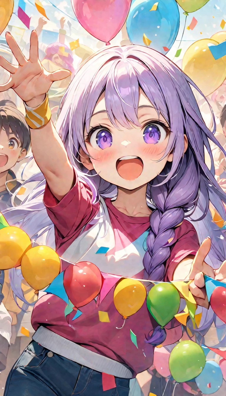 (Best quality, 8K, 32k, masterpiece, Ultra HD:1.3), (Children's Day illustration), Two children in casual sportswear cheering with hands raised in a square, yinji, Purple Hair, Purple Eyes, Long hair, White hair, Double braid, Gradient hair, Bright and warm, There are streamers and balloons everywhere., Crowd cheering. Characters make up only a small part of the picture.
