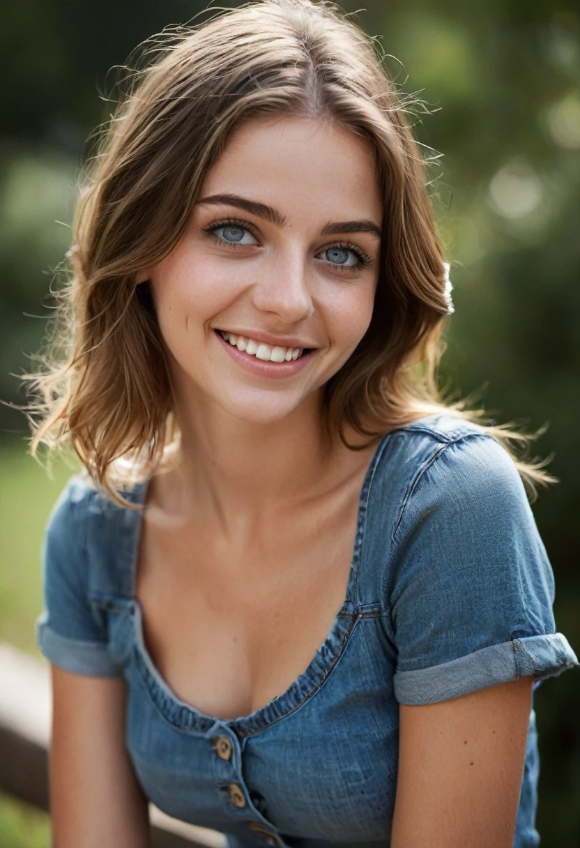 core_9, score_8_up, score_7_up, score_6_up, beautiful woman,cute face,shy,laughing out loud,extreme ultra detailed perfect eyes,dark and deep blue eyes,teeth,20yo,nose blush,big breast,eyes contact,Wearing tight casual short sleeves and jeans paint,outdoor,in park,(head tilted),RAW photo,realistic,volumetric lighting, depth of field,cinematic,full body,full-body shot,