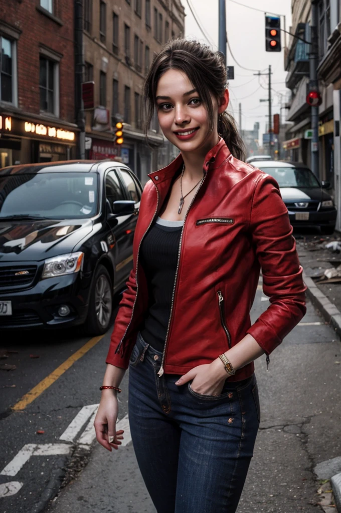 1girl, (realistic),(hyperrealism),(best quality),(masterpiece),(ultra high res),(photorealistic),idol,eye makeup,detailed eyes,detailed face,black dress, claireredfield2, brown hair, (red jacket:1.2), ponytail, (denim pants:1.3),, red wristband,, abandoned street, burning cars in background, littered street, smoke, chaos, zombie apocalypse, daytime, sunny,, hands in pocket, looking at viewer, smiling, closeup shot