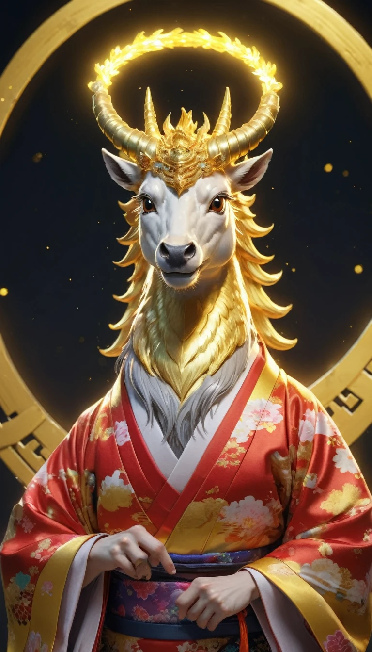 Golden Kirin, 8K resolution, (Looking forward:1.8), A colorful halo shines, Shining, Only the upper body is visible, It has the head of a kirin and is wearing a kimono, Fortune telling, spiritual,