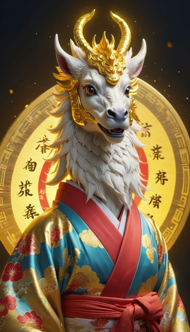 Golden Kirin, 8K resolution, (Looking forward:1.8), A colorful halo shines, Shining, Only the upper body is visible, It has the head of a kirin and is wearing a kimono, Fortune telling, spiritual,
