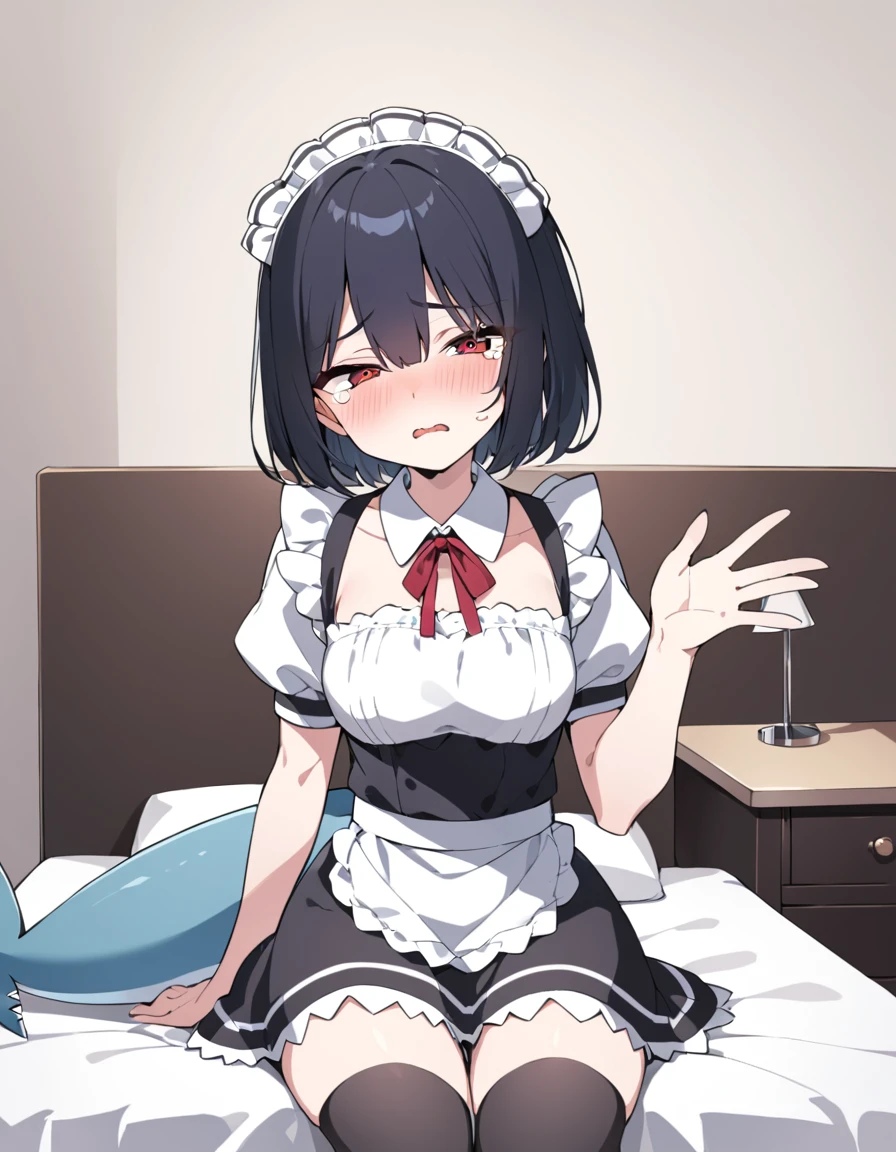 a red-eyed woman with short black hair, wearing a maid uniform, black stockings, shark tail,Sitting on the bed,Tears in the corners of my eyes,Bedside Table,Half open eyes,Raise one hand