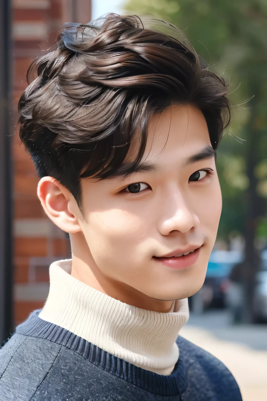 A 21-year-old Asian man with medium-length hair and wearing a sweater, sweet and charming,:Appearance: Hair: Medium-length, shiny hair that gently falls over his ears. His hairstyle is well-kept and could be slightly wavy or straight. Face: A youthful, sweet face with soft features. He likely has large, friendly eyes that give an inviting look. Clothing: Wears a fashionable sweater that makes him appear cozy yet stylish. The sweater could be a neutral color like gray or beige, or perhaps a soft pastel shade. Personality: Sweet: His demeanor exudes a natural friendliness and warmth, making people around him feel comfortable. Charming: He has a pleasant way of speaking to others and shows genuine interest in the people around him. His smile and manners make him especially likable. 21 years old, he is a young adult, confident yet curious and open to new experiences.