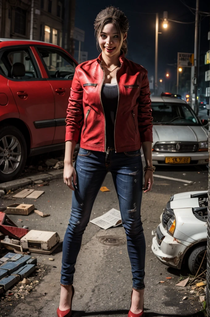 1girl, (realistic),(hyperrealism),(best quality),(masterpiece),(ultra high res),(photorealistic),idol,eye makeup,detailed eyes,detailed face,black dress, claireredfield2, brown hair, (red jacket:1.2), ponytail, (denim pants:1.3),, red wristband,, abandoned street, burning cars in background, littered street, smoke, chaos, zombie apocalypse, daytime, sunny,, hands in pocket, looking at viewer, smiling, closeup shot