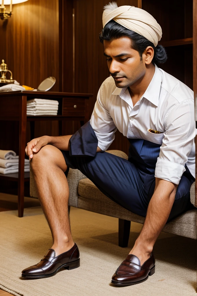 Indian servant polishing shoes of a businessman 