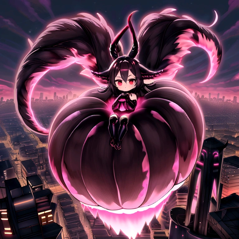 A huge beast with red eyes created by a black mass, red eyes and 4 tails. It is located in a city being higher than the city, She is two years old made of pink energy and in her mouth she carried an immense ball of black energy.