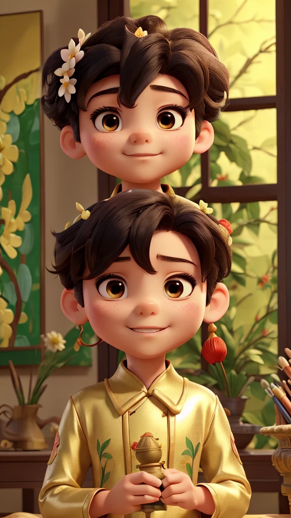 1boy,bush,fashi-boy,,china dress,chinese clothes,hair flower,(masterpiece:1.4),(best quality:1.4),(shiny skin),,looking at viewer,big breasts,cleft lip